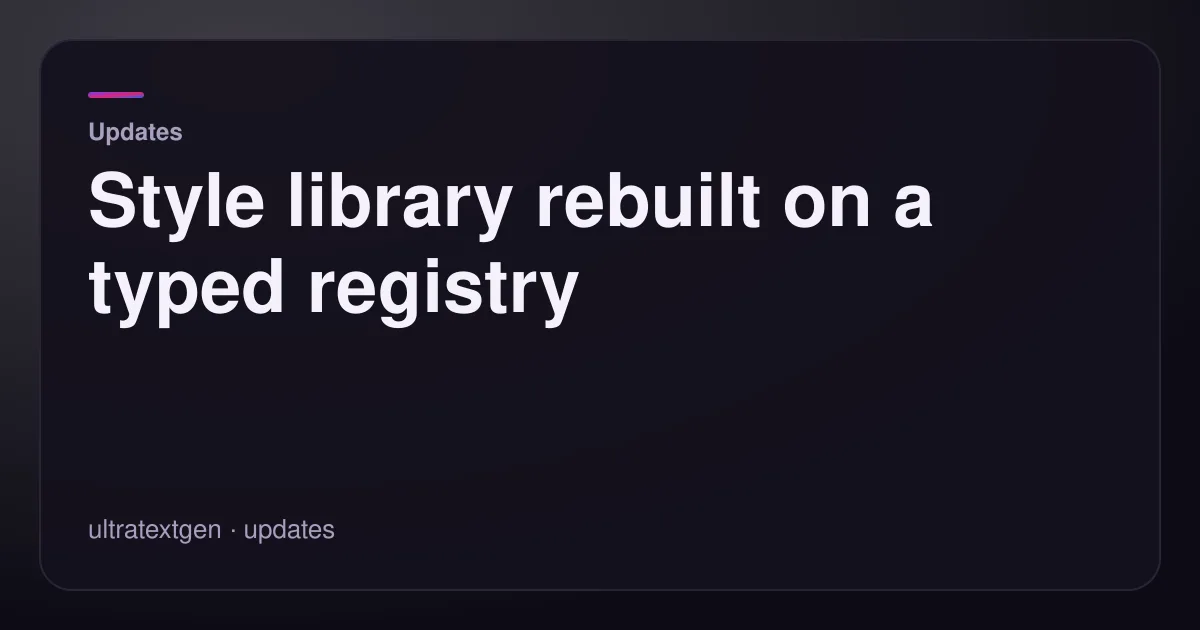 Style library rebuilt on a typed registry — title card for the updates article on UltraTextGen.
